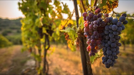 Fototapeta premium sangiovese. Deep red Sangiovese grapes ripening on the vine in a vineyard at sunset. inspiring travel planning, menu design, designed for culinary blogs and recipe cards for restaurants.