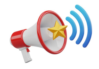 Naklejka premium A 3D icon of a megaphone with sound waves, representing marketing and promotion, with a star for a successful campaign.