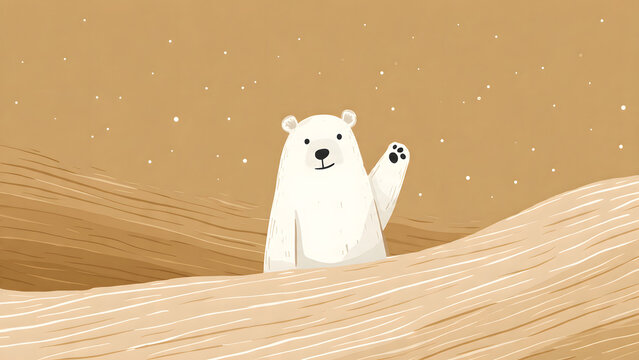 Polar Bear's Warm Greeting: A charming cartoon of a polar bear waves hello, standing in a dreamy snowy desert. Perfect for conveying a message of friendliness.