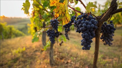 sangiovese. Deep red Sangiovese grapes ripening on the vine in a vineyard at sunset. inspiring travel planning, menu design, designed for culinary blogs and recipe cards for restaurants.