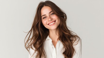 Fototapeta premium A woman stands with a smile her long hair cascading around her shoulders. She wears a white shirt and poses in front of a plain background. Light highlights her features.