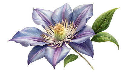 A beautiful watercolor illustration of a purple clematis flower with green leaves