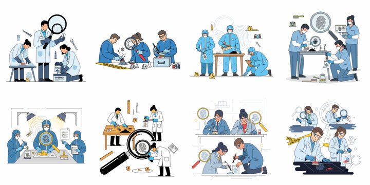 Collection of forensic science illustrations showing investigators analyzing evidence, identifying fingerprints, and working at crime scenes.