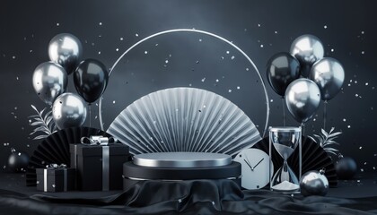 Elegant Black and Silver Celebration Scene with Podium, Balloons, and Gifts
