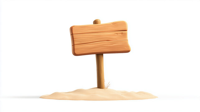 A blank wooden signboard on a sturdy post rises from soft sand, offering a rustic, outdoor feel. Ideal for beach, travel, advertising, and signage concepts.