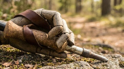 Close-up of a Hand Holding a Shovel in Forest.