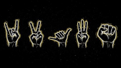 Asl fingerspelling the word love in neon yellow