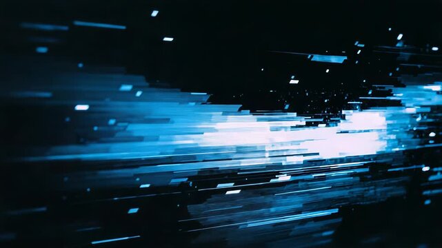 Abstract digital data streaming across a dark background, forming streaks of teal and blue light representing fast information transfer and technological connection