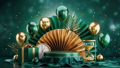 Elegant Green and Gold Festive Display with Podium, Balloons, Gift, and Clock