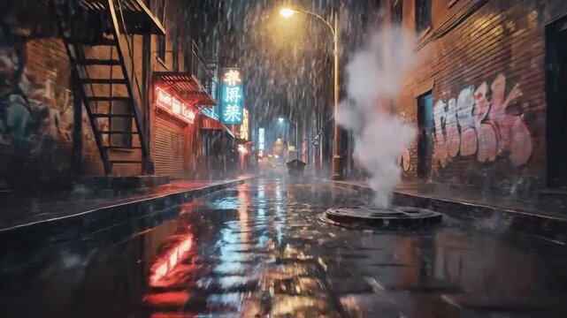 Dramatic Rainy Night Scene in a Neon Light City Alleyway with Graffiti and Reflections