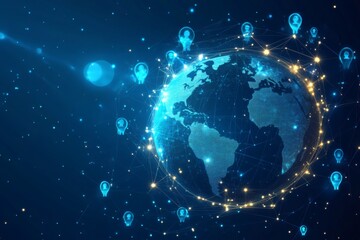 Fototapeta premium Digital illustration of a globe surrounded by glowing blue icons and a network of yellow lines and dots on a dark blue background with stars.