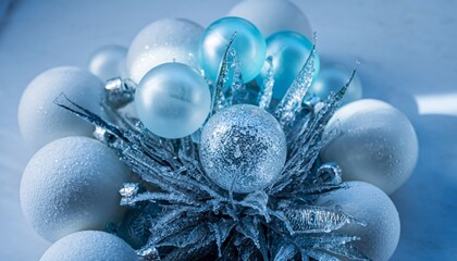 Frosted white and blue Christmas ornaments with icy winter decorations.