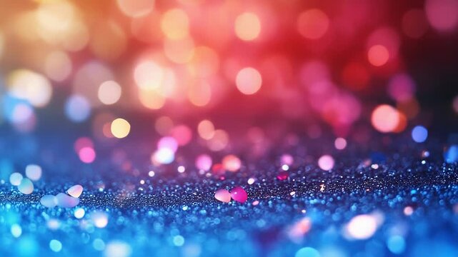 Glittering bokeh particles form a vibrant blue purple pink orange gradient, sparkling and blurred for a festive, magical abstract background with copy space and motion sense