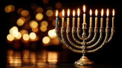 Fototapeta premium A beautiful, ornate menorah with nine lit candles sits on a table. The candles are evenly spaced and the menorah is a stunning centerpiece. The warm glow of the candles creates a peaceful