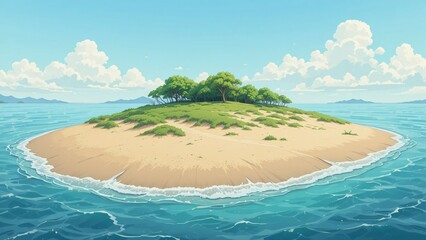 A sand spit island landscape illustration background with a curved shoreline and calm shallow water