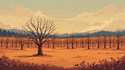 A simple autumn orchard landscape illustration background with bare trees and gentle orange ground tones