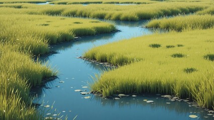 A coastal marsh island landscape illustration background with tall grasses and a winding water channel