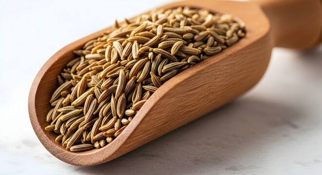 Close-up of whole cumin seeds in a wooden scoop isolated on a white background perfect for culinary spice and healthy food concepts.