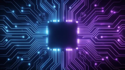 A futuristic digital circuit board with glowing blue and purple lines converging on a central processor, symbolizing technology and data flow. - Powered by Adobe