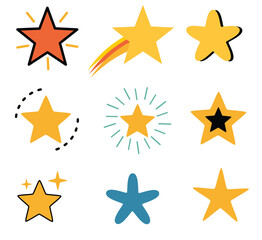 Playful star icon set. Decorative star shapes. Cute abstract star icons. Hand drawn sparkle elements