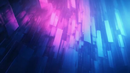 Abstract background showing many translucent geometric blocks illuminated by gradient blue and purple neon light, creating a modern digital and futuristic visual - Powered by Adobe