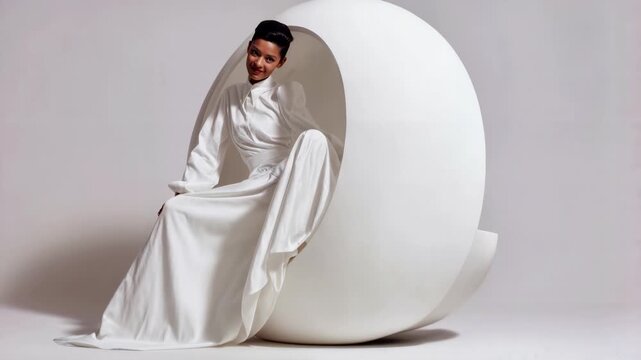 Elegant woman in flowing white dress poses inside sculptural circular set against minimal studio background expressing purity grace and high fashion art