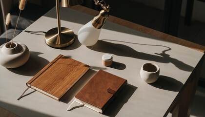 Warm sunlight highlights a meticulously arranged minimalist desktop with elegant notebooks, a modern lamp, and ceramic accents, perfect for tranquil reflection and creative work