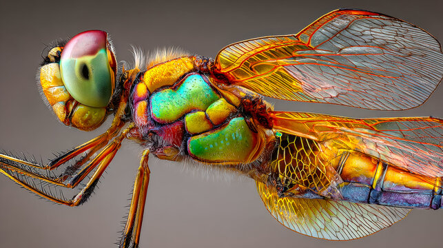 Close-up of a colorful, detailed dragonfly showcasing iridescent wings and vibrant body patterns - Powered by Adobe