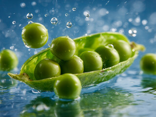 Fresh green peas in an open pod splashing into water droplets with a vibrant blue background showing natural freshness and juiciness