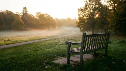 Serene Park Bench at Sunrise in Nature.