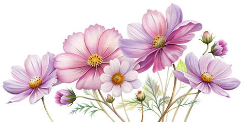 Pink and purple cosmos flowers watercolor illustration on transparent background