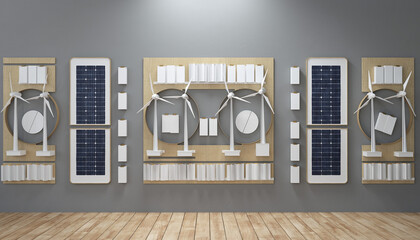 Renewable energy sources display featuring solar panels and wind turbines, illustrating sustainable power generation and technological innovation