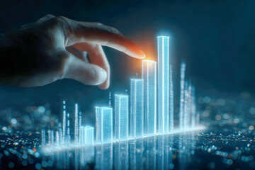 Hand interacting with glowing holographic bar chart rising over futuristic digital cityscape symbolizing data analysis and technological growth concepts