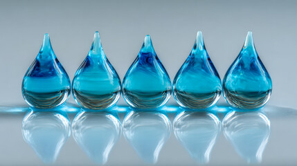 Five vibrant blue glass water droplets aligned horizontally reflecting on a smooth surface with soft gradient background and subtle shadows beneath each droplet