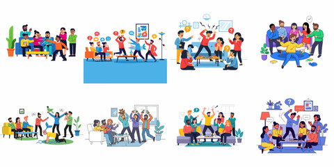 Friends and diverse groups playing popular indoor party games, enjoying leisure, socializing, and fun activities at home.