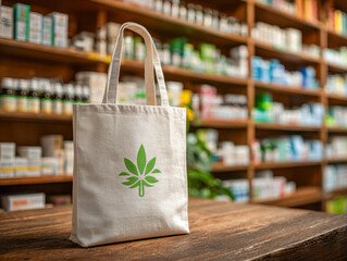 Reusable cotton shopping bag with a green leaf design displayed on a wooden counter inside a natural products store with shelves of health supplements in the backgro