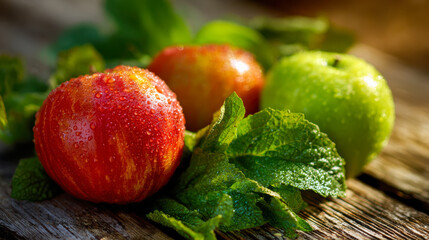Fresh ripe plums with green leaves covered in morning dew droplets resting on rustic wooden surface in soft natural sunlight background