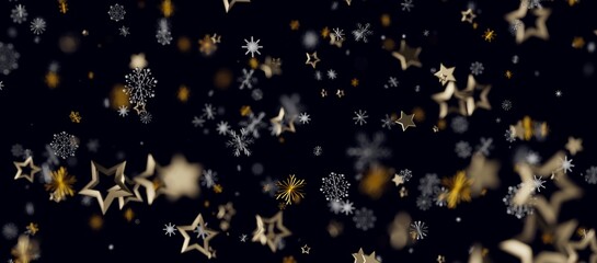 Abstract background featuring falling gold stars and snowflakes. Festive design for Christmas or New Year. Perf