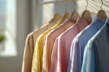 A row of pastel-colored dress shirts hanging neatly on wooden hangers in a softly lit closet with natural light filtering through window blinds