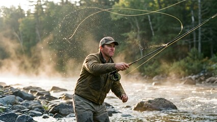 Man Fishing in River with Nature Background.
