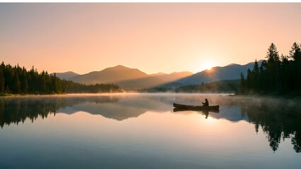 Serene Lake Scene with Mountain Backdrop at Sunset.