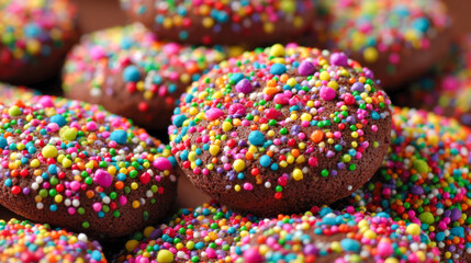 Assorted chocolate cookies covered with vibrant multicolored candy sprinkles creating a festive and colorful dessert display on a wooden surface