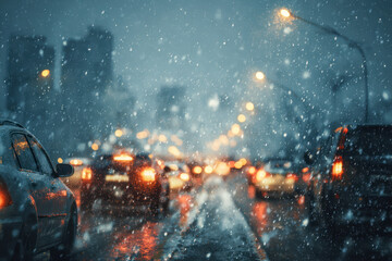 Traffic congestion on a rainy winter evening with heavy snowfall creating blurred city lights and wet reflective streets filled with slow-moving cars under street la