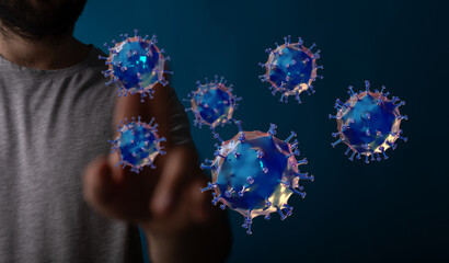 3d render of person's finger touching a collection of coronavirus particles. Medical concepts, virus outbreak