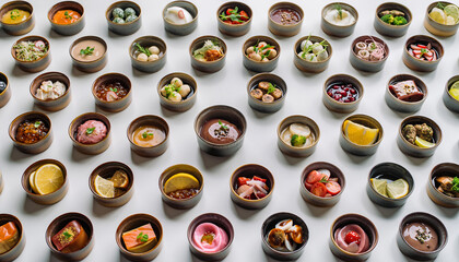 A curated collection of small, diverse food portions meticulously presented in individual bowls, ideal for gourmet tasting experiences, elegant events, or culinary showcases