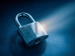 Metal padlock lying on a smooth surface illuminated by a focused beam of light symbolizing security and protection concepts in a dark environment