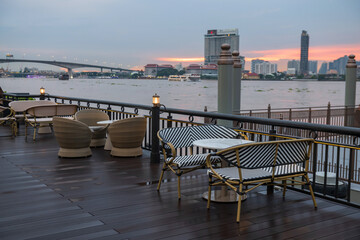 outdoor cafe and restaurant riverside by Chao Phraya river, Bangkok