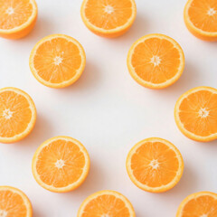 Creative layout of fresh orange halves on white background with copy space. Flat lay concept.