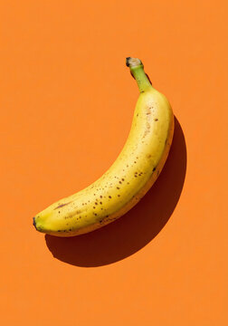 Single ripe yellow banana with brown spots on a vibrant orange background.