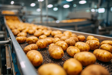 Fresh whole potatoes moving on a conveyor belt in a modern food processing factory with industrial equipment in the background and soft lighting